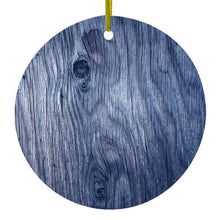 DistinctInk® Hanging Ceramic Christmas Tree Ornament with Gold String - Great Gift / Present - 2 3/4 inch Diameter - Dark Blue Weathered Wood Grain Print