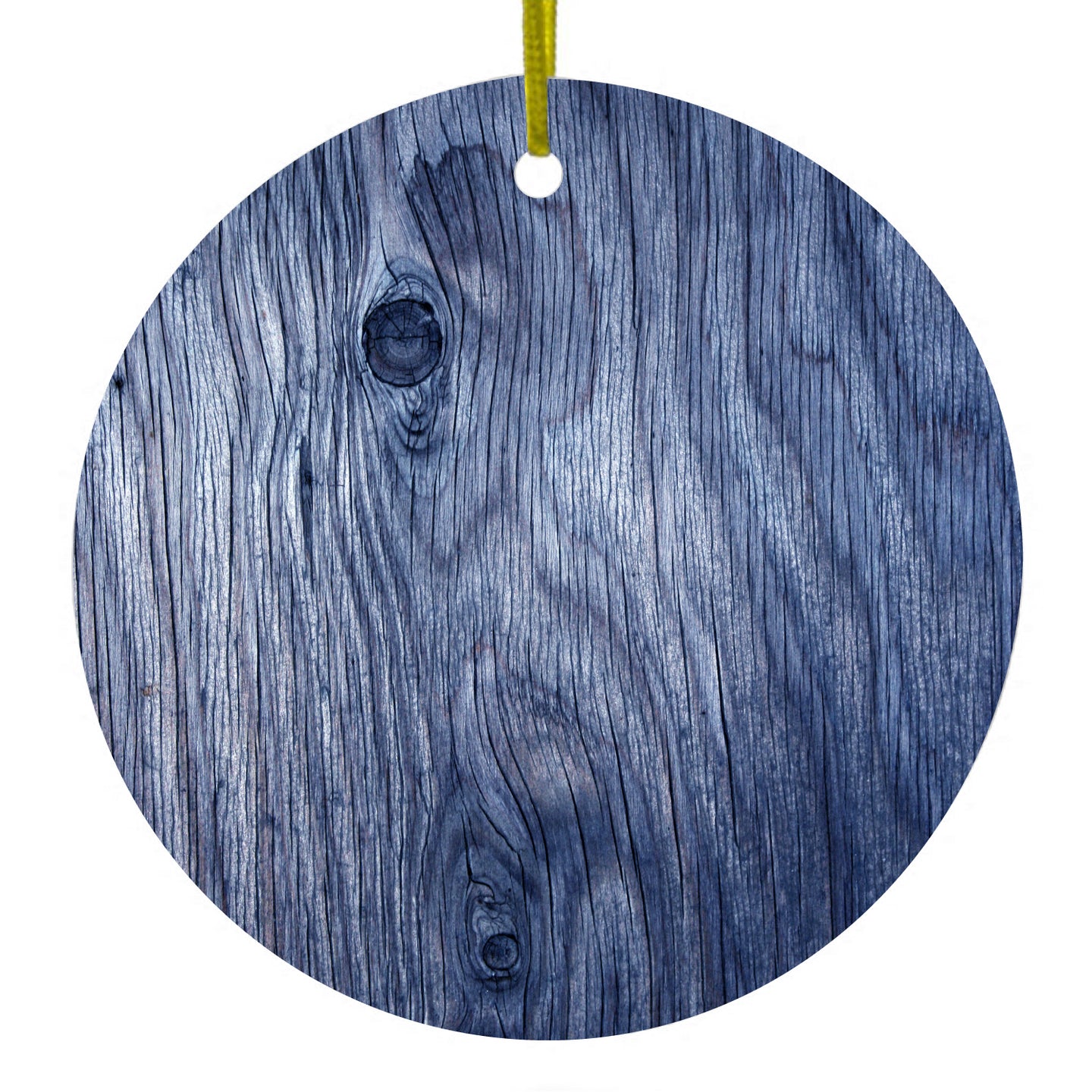 DistinctInk® Hanging Ceramic Christmas Tree Ornament with Gold String - Great Gift / Present - 2 3/4 inch Diameter - Dark Blue Weathered Wood Grain Print