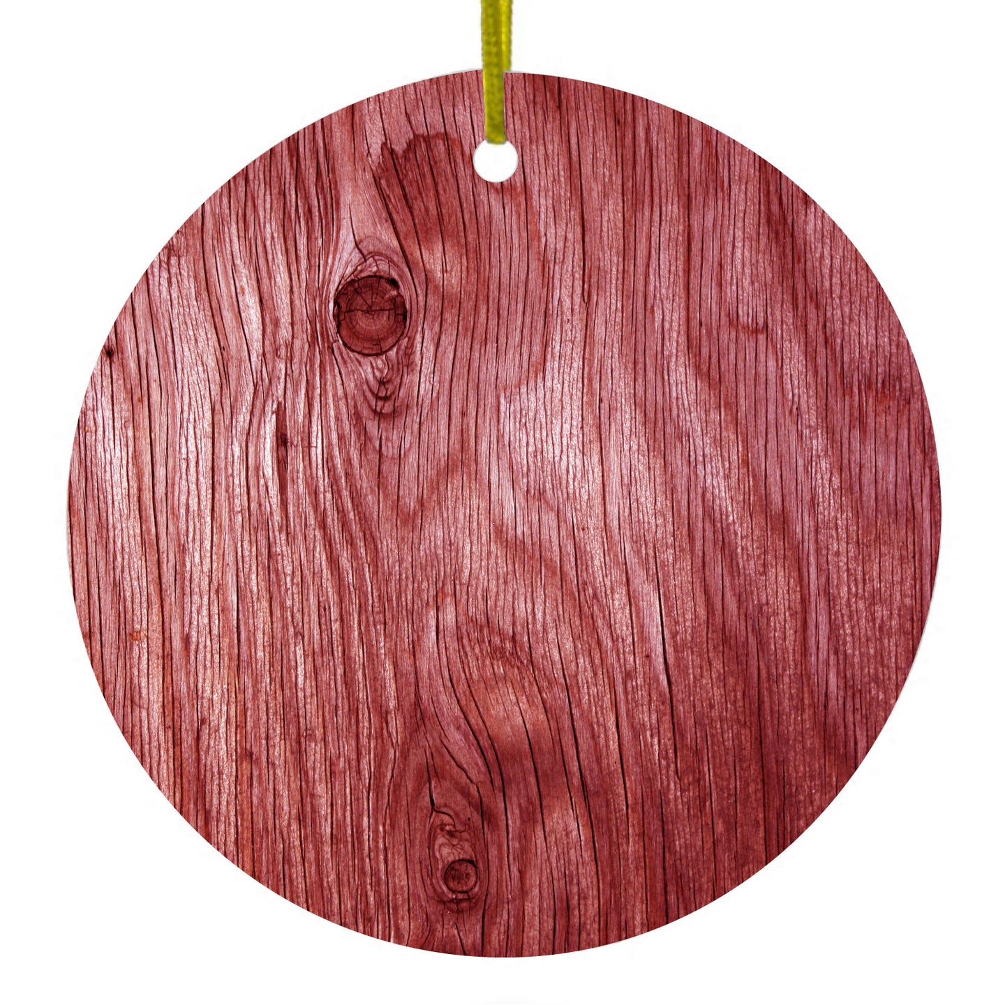 DistinctInk® Hanging Ceramic Christmas Tree Ornament with Gold String - Great Gift / Present - 2 3/4 inch Diameter - Dark Red Weathered Wood Grain Print