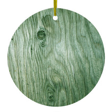 DistinctInk® Hanging Ceramic Christmas Tree Ornament with Gold String - Great Gift / Present - 2 3/4 inch Diameter - Green Weathered Wood Grain Print