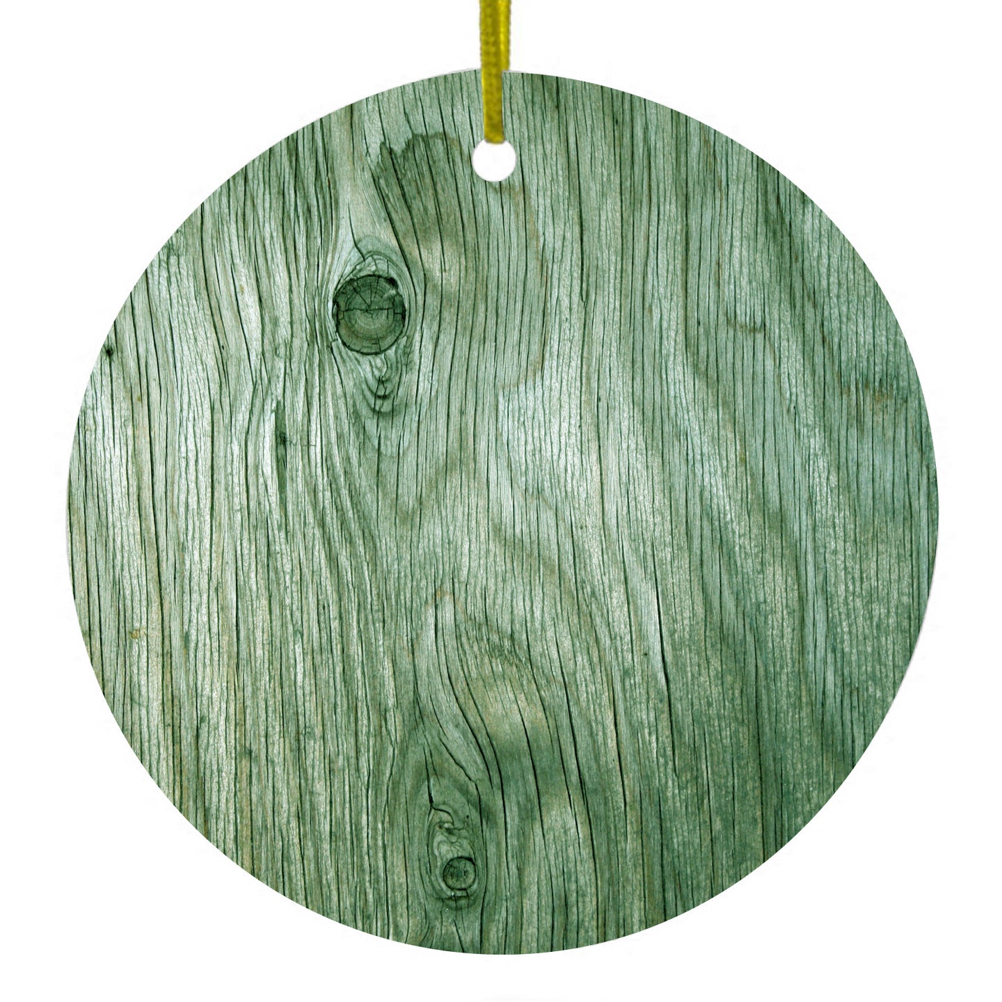 DistinctInk® Hanging Ceramic Christmas Tree Ornament with Gold String - Great Gift / Present - 2 3/4 inch Diameter - Green Weathered Wood Grain Print