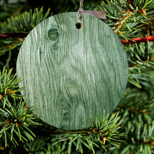 DistinctInk® Hanging Ceramic Christmas Tree Ornament with Gold String - Great Gift / Present - 2 3/4 inch Diameter - Green Weathered Wood Grain Print