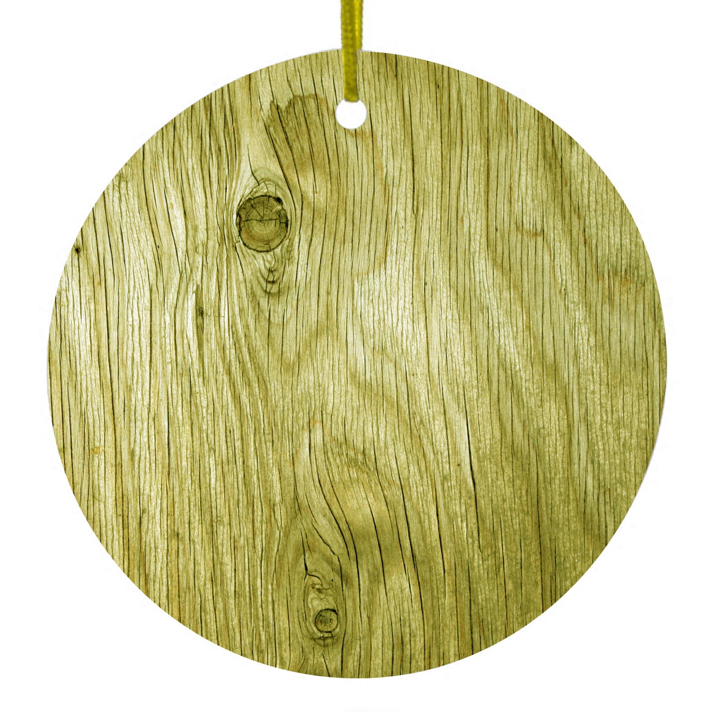 DistinctInk® Hanging Ceramic Christmas Tree Ornament with Gold String - Great Gift / Present - 2 3/4 inch Diameter - Yellow Weathered Wood Grain Print