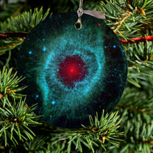 DistinctInk® Hanging Ceramic Christmas Tree Ornament with Gold String - Great Gift / Present - 2 3/4 inch Diameter - Blue Teal Black Helix Nebula