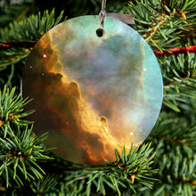 DistinctInk® Hanging Ceramic Christmas Tree Ornament with Gold String - Great Gift / Present - 2 3/4 inch Diameter - Blue Orange Red Omega Nebula