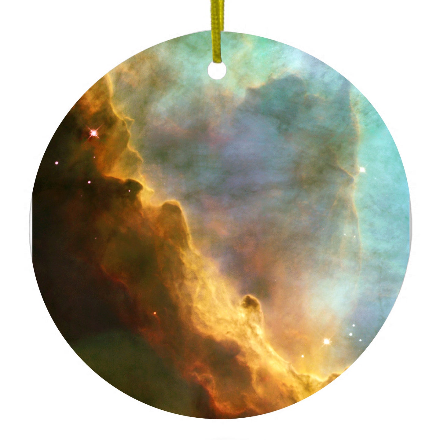 DistinctInk® Hanging Ceramic Christmas Tree Ornament with Gold String - Great Gift / Present - 2 3/4 inch Diameter - Blue Orange Red Omega Nebula