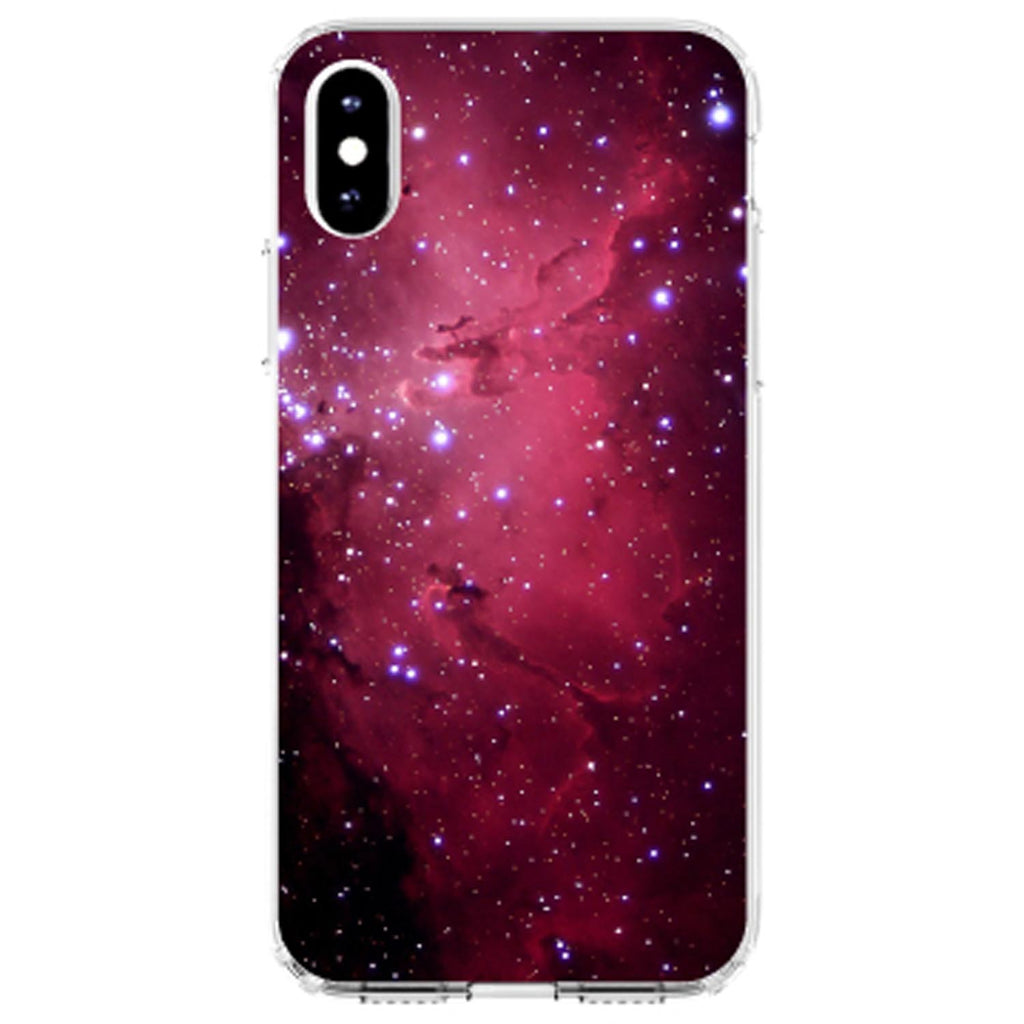 Hot Pink Black Stars Nebula Clear Shockproof iPhone Case, view 3