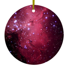 DistinctInk® Hanging Ceramic Christmas Tree Ornament with Gold String - Great Gift / Present - 2 3/4 inch Diameter - Hot Pink Black Stars Nebula
