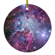 DistinctInk® Hanging Ceramic Christmas Tree Ornament with Gold String - Great Gift / Present - 2 3/4 inch Diameter - Pink Purple Blue Fox Fur Nebula