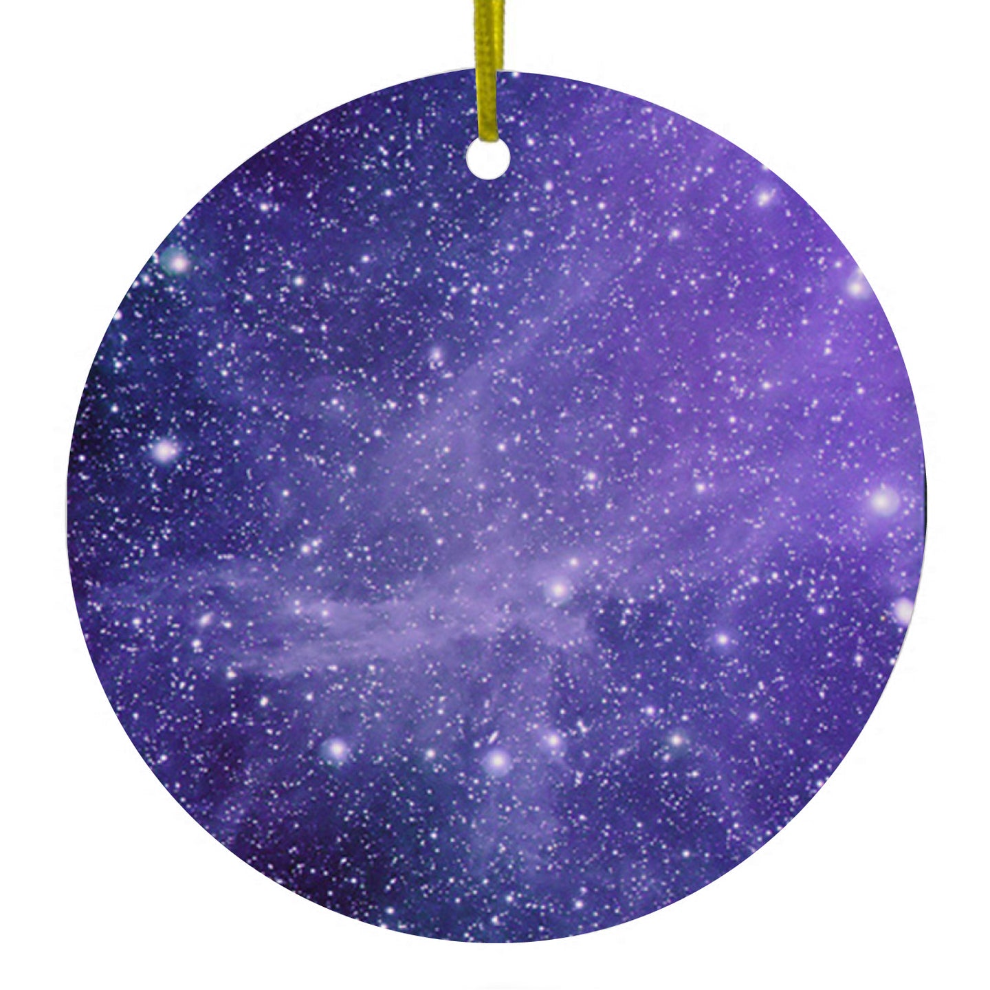 DistinctInk® Hanging Ceramic Christmas Tree Ornament with Gold String - Great Gift / Present - 2 3/4 inch Diameter - Purple Black White Stars Nebula