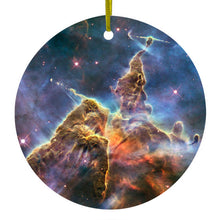 DistinctInk® Hanging Ceramic Christmas Tree Ornament with Gold String - Great Gift / Present - 2 3/4 inch Diameter - Blue Yellow Orange Carina Nebula