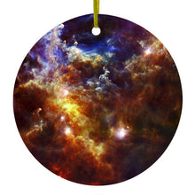 DistinctInk® Hanging Ceramic Christmas Tree Ornament with Gold String - Great Gift / Present - 2 3/4 inch Diameter - Red Yellow Blue Rosette Nebula