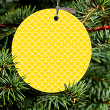 DistinctInk® Hanging Ceramic Christmas Tree Ornament with Gold String - Great Gift / Present - 2 3/4 inch Diameter - Yellow White Scalloped Pattern