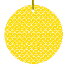 DistinctInk® Hanging Ceramic Christmas Tree Ornament with Gold String - Great Gift / Present - 2 3/4 inch Diameter - Yellow White Scalloped Pattern