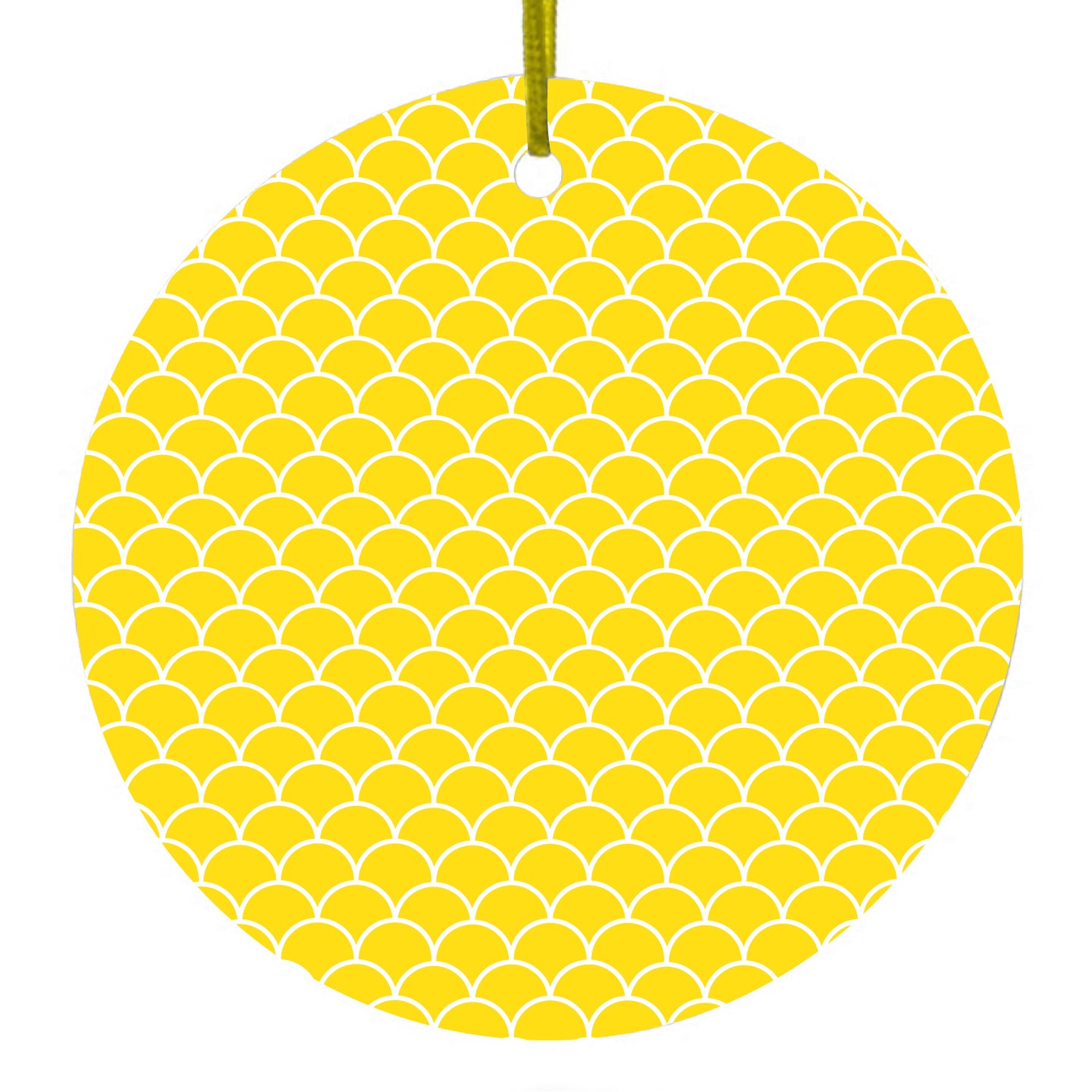 DistinctInk® Hanging Ceramic Christmas Tree Ornament with Gold String - Great Gift / Present - 2 3/4 inch Diameter - Yellow White Scalloped Pattern