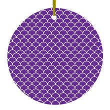 DistinctInk® Hanging Ceramic Christmas Tree Ornament with Gold String - Great Gift / Present - 2 3/4 inch Diameter - Purple White Scalloped Pattern