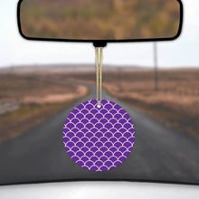 DistinctInk® Hanging Ceramic Christmas Tree Ornament with Gold String - Great Gift / Present - 2 3/4 inch Diameter - Purple White Scalloped Pattern