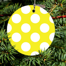 DistinctInk® Hanging Ceramic Christmas Tree Ornament with Gold String - Great Gift / Present - 2 3/4 inch Diameter - White & Yellow Polka Dots