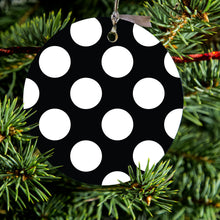 DistinctInk® Hanging Ceramic Christmas Tree Ornament with Gold String - Great Gift / Present - 2 3/4 inch Diameter - White & Black Polka Dots