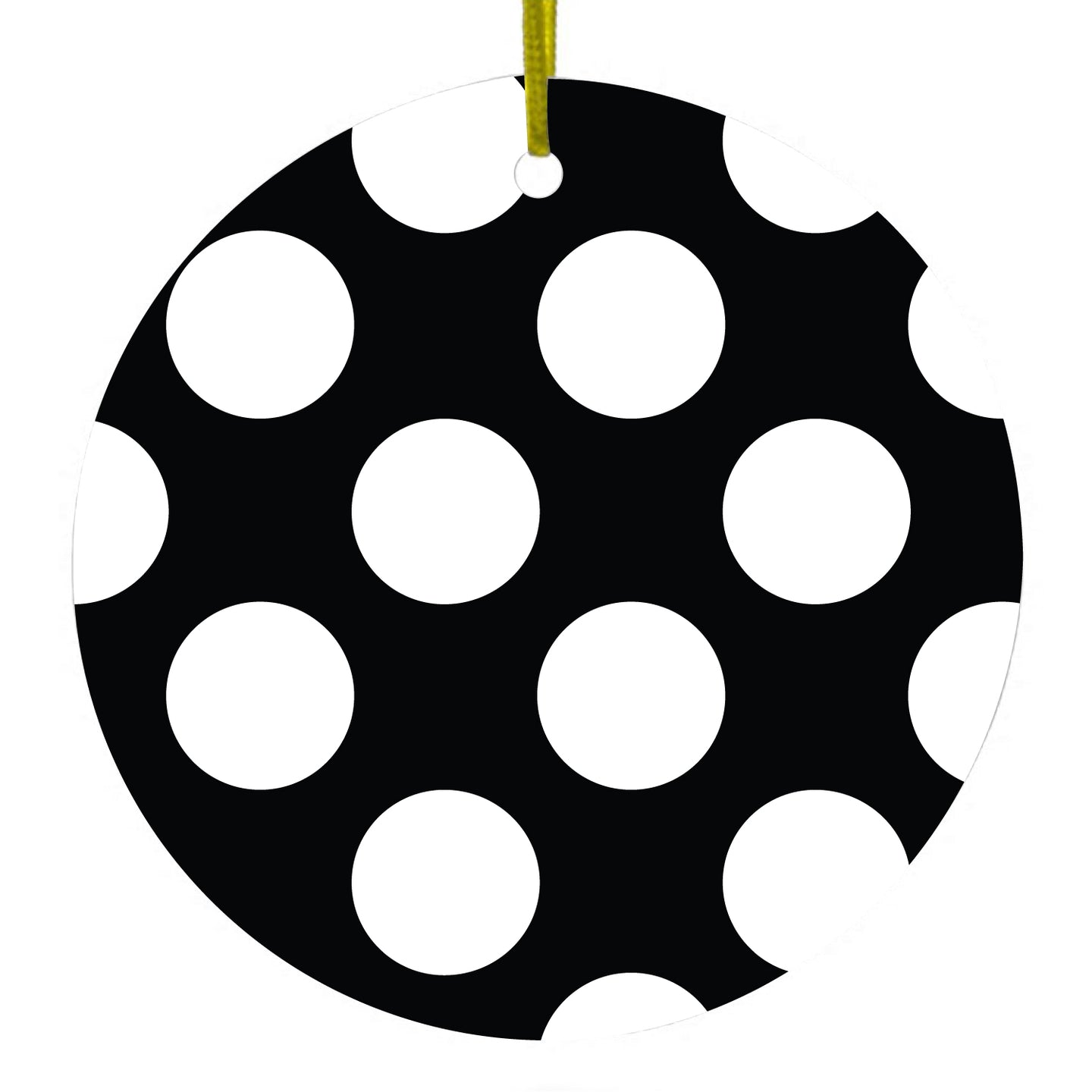 DistinctInk® Hanging Ceramic Christmas Tree Ornament with Gold String - Great Gift / Present - 2 3/4 inch Diameter - White & Black Polka Dots