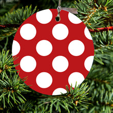 DistinctInk® Hanging Ceramic Christmas Tree Ornament with Gold String - Great Gift / Present - 2 3/4 inch Diameter - White & Red Polka Dots