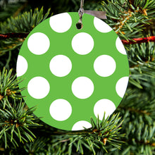 DistinctInk® Hanging Ceramic Christmas Tree Ornament with Gold String - Great Gift / Present - 2 3/4 inch Diameter - White & Green Polka Dots