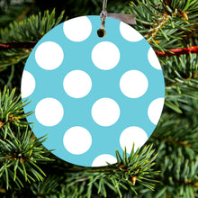 DistinctInk® Hanging Ceramic Christmas Tree Ornament with Gold String - Great Gift / Present - 2 3/4 inch Diameter - White & Blue Polka Dots