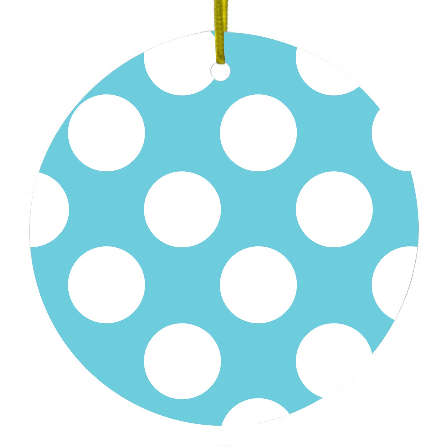 DistinctInk® Hanging Ceramic Christmas Tree Ornament with Gold String - Great Gift / Present - 2 3/4 inch Diameter - White & Blue Polka Dots