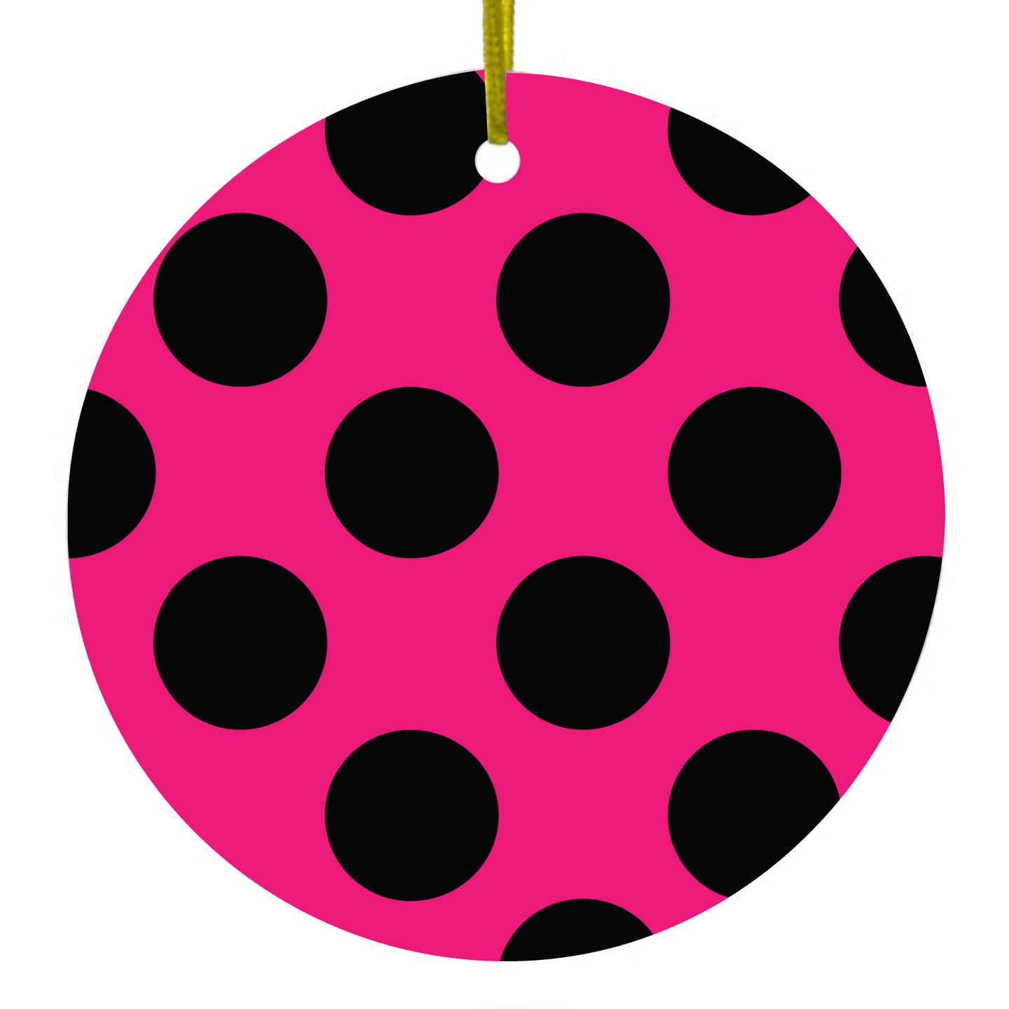 DistinctInk® Hanging Ceramic Christmas Tree Ornament with Gold String - Great Gift / Present - 2 3/4 inch Diameter - Black & Hot Pink Polka Dots