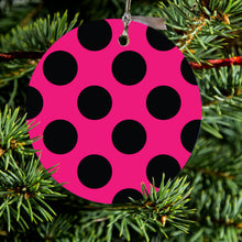 DistinctInk® Hanging Ceramic Christmas Tree Ornament with Gold String - Great Gift / Present - 2 3/4 inch Diameter - Black & Hot Pink Polka Dots