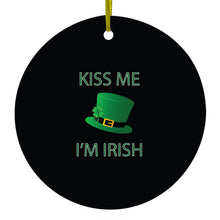 DistinctInk® Hanging Ceramic Christmas Tree Ornament with Gold String - Great Gift / Present - 2 3/4 inch Diameter - Black Green Kiss Me I'm Irish