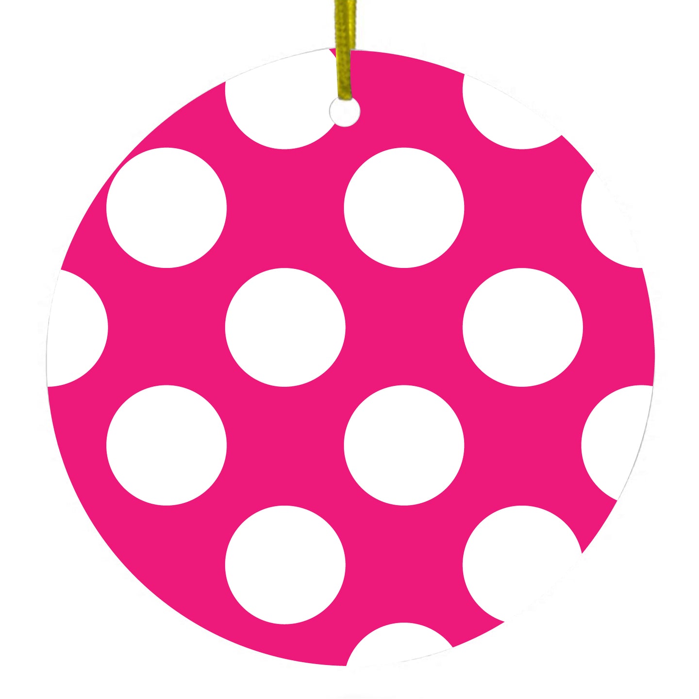 DistinctInk® Hanging Ceramic Christmas Tree Ornament with Gold String - Great Gift / Present - 2 3/4 inch Diameter - White & Hot Pink Polka Dots