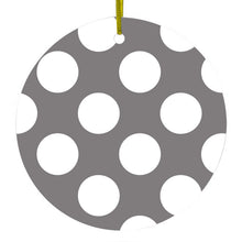 DistinctInk® Hanging Ceramic Christmas Tree Ornament with Gold String - Great Gift / Present - 2 3/4 inch Diameter - White & Grey Polka Dots
