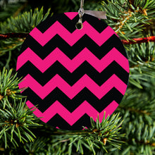 DistinctInk® Hanging Ceramic Christmas Tree Ornament with Gold String - Great Gift / Present - 2 3/4 inch Diameter - Black Hot Pink Chevron Stripes