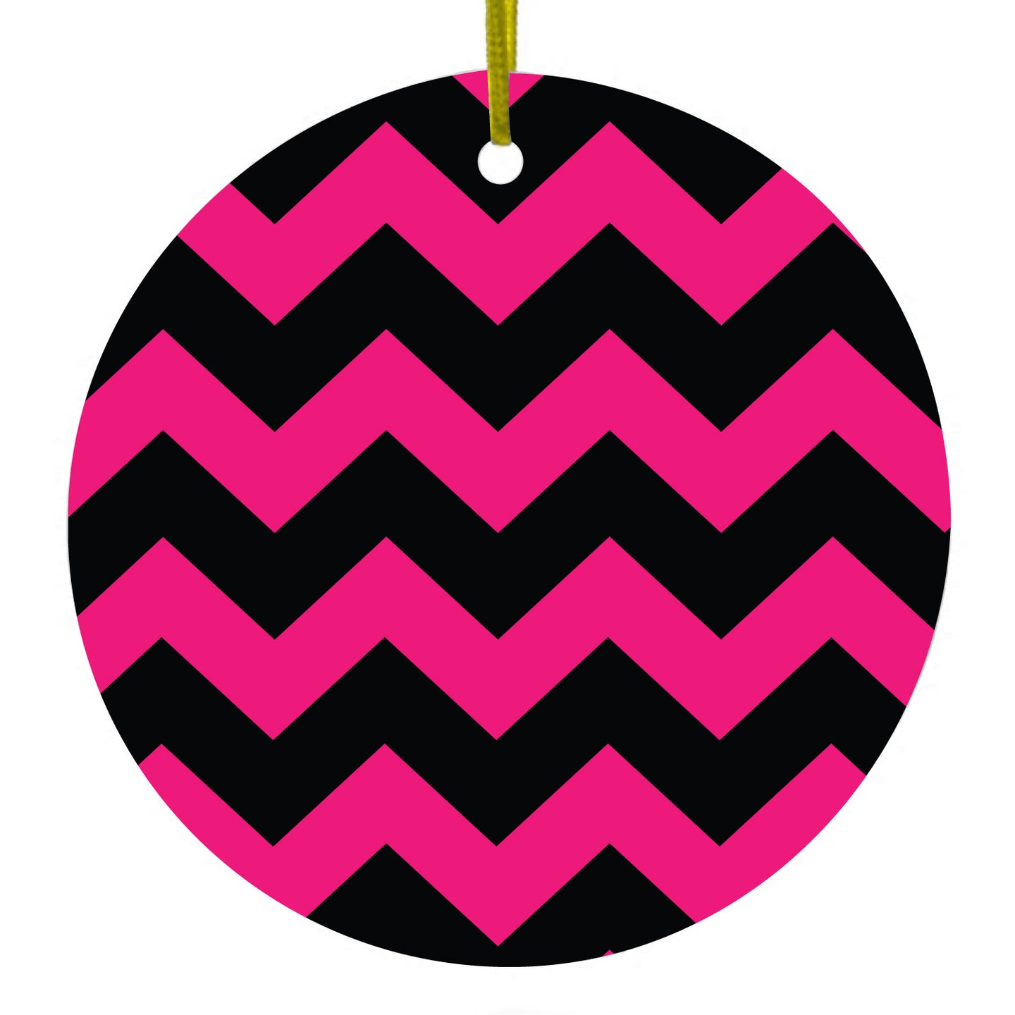 DistinctInk® Hanging Ceramic Christmas Tree Ornament with Gold String - Great Gift / Present - 2 3/4 inch Diameter - Black Hot Pink Chevron Stripes