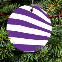 DistinctInk® Hanging Ceramic Christmas Tree Ornament with Gold String - Great Gift / Present - 2 3/4 inch Diameter - Purple & White Zebra Skin Stripes