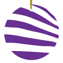 DistinctInk® Hanging Ceramic Christmas Tree Ornament with Gold String - Great Gift / Present - 2 3/4 inch Diameter - Purple & White Zebra Skin Stripes
