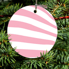 DistinctInk® Hanging Ceramic Christmas Tree Ornament with Gold String - Great Gift / Present - 2 3/4 inch Diameter - Pink & White Zebra Skin Stripes