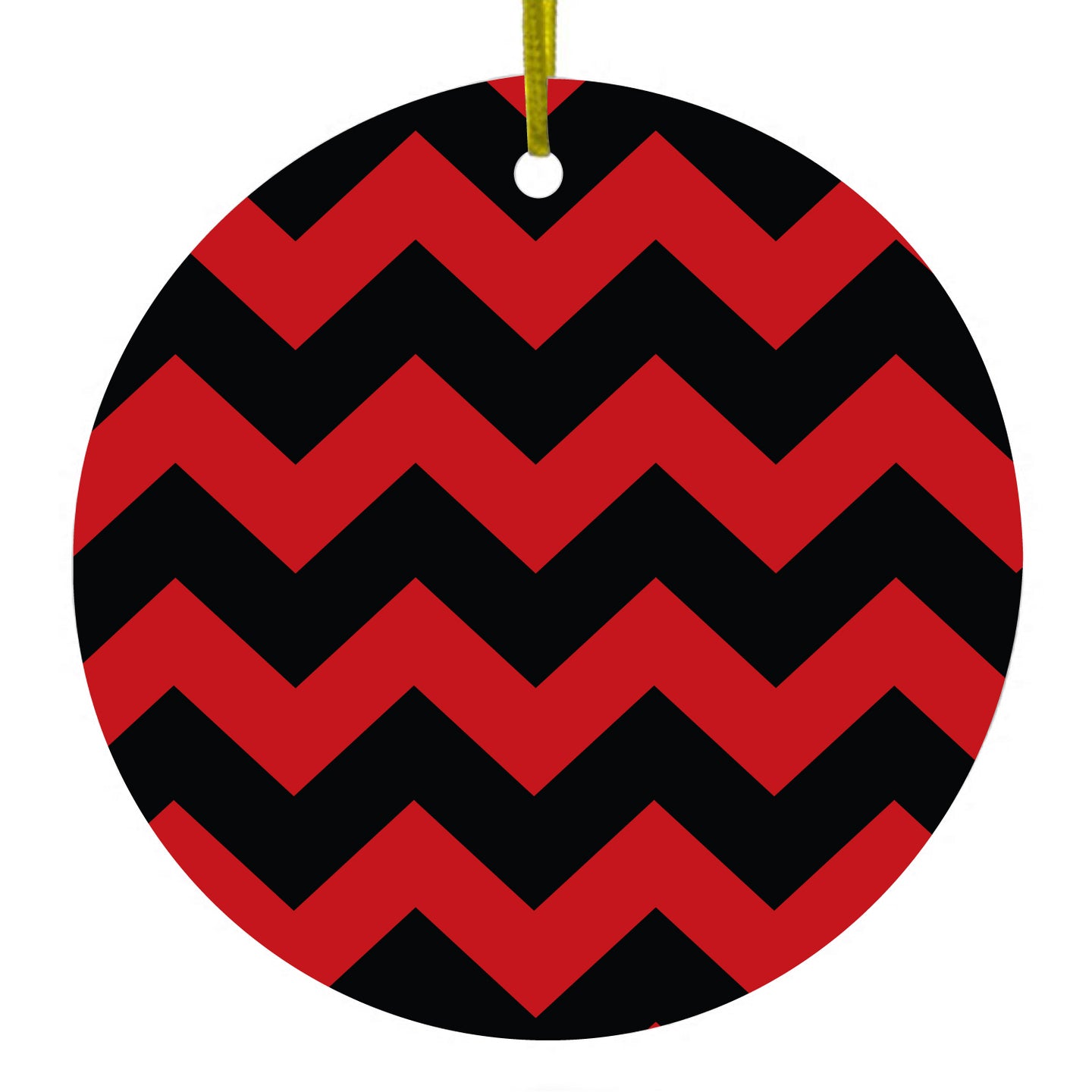 DistinctInk® Hanging Ceramic Christmas Tree Ornament with Gold String - Great Gift / Present - 2 3/4 inch Diameter - Black Red Chevron Stripes