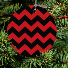 DistinctInk® Hanging Ceramic Christmas Tree Ornament with Gold String - Great Gift / Present - 2 3/4 inch Diameter - Black Red Chevron Stripes