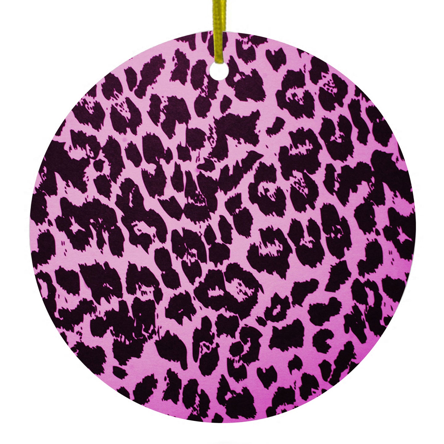 DistinctInk® Hanging Ceramic Christmas Tree Ornament with Gold String - Great Gift / Present - 2 3/4 inch Diameter - Pink Purple Leopard Skin Spots