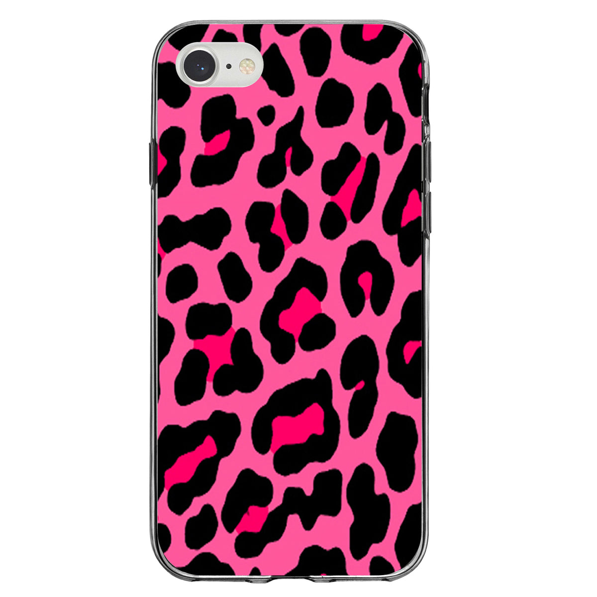 Hot Pink Black Leopard Skin Spots Clear Shockproof iPhone Case, view 5
