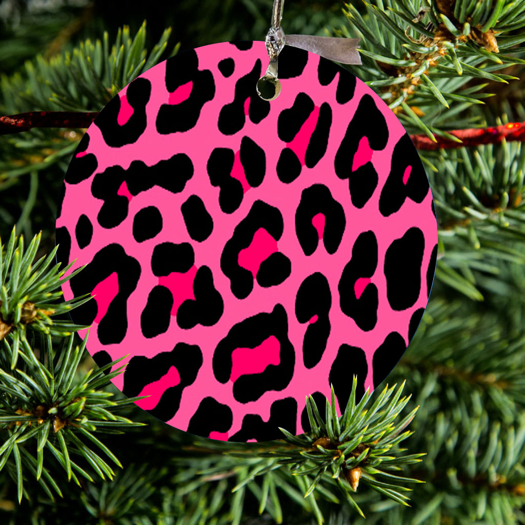 Hot Pink Black Leopard Skin Spots Ceramic Ornament, view 2