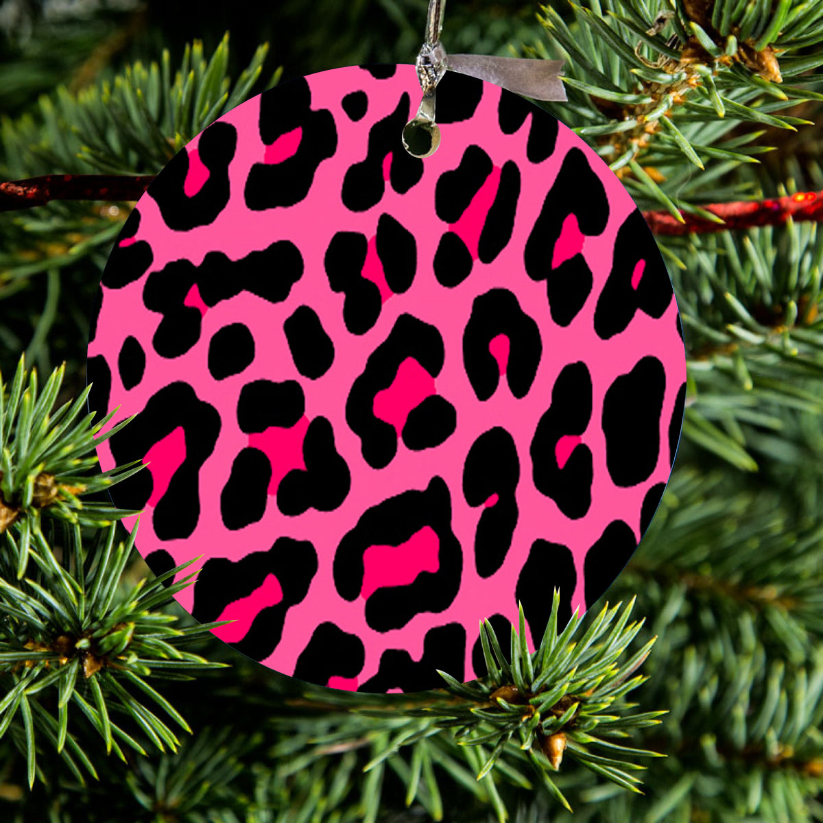 Hot Pink Black Leopard Skin Spots Ceramic Ornament, view 2
