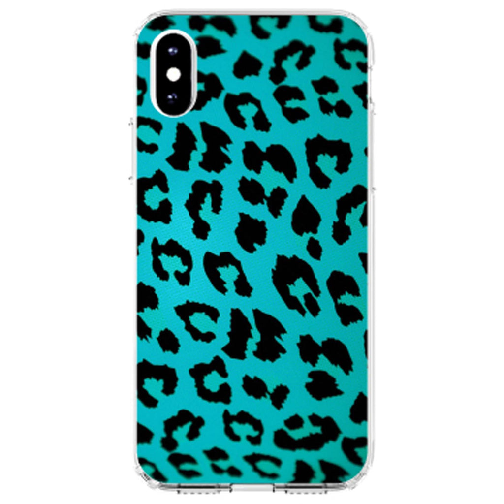Teal Black Leopard Skin Spots Clear Shockproof iPhone Case, view 2