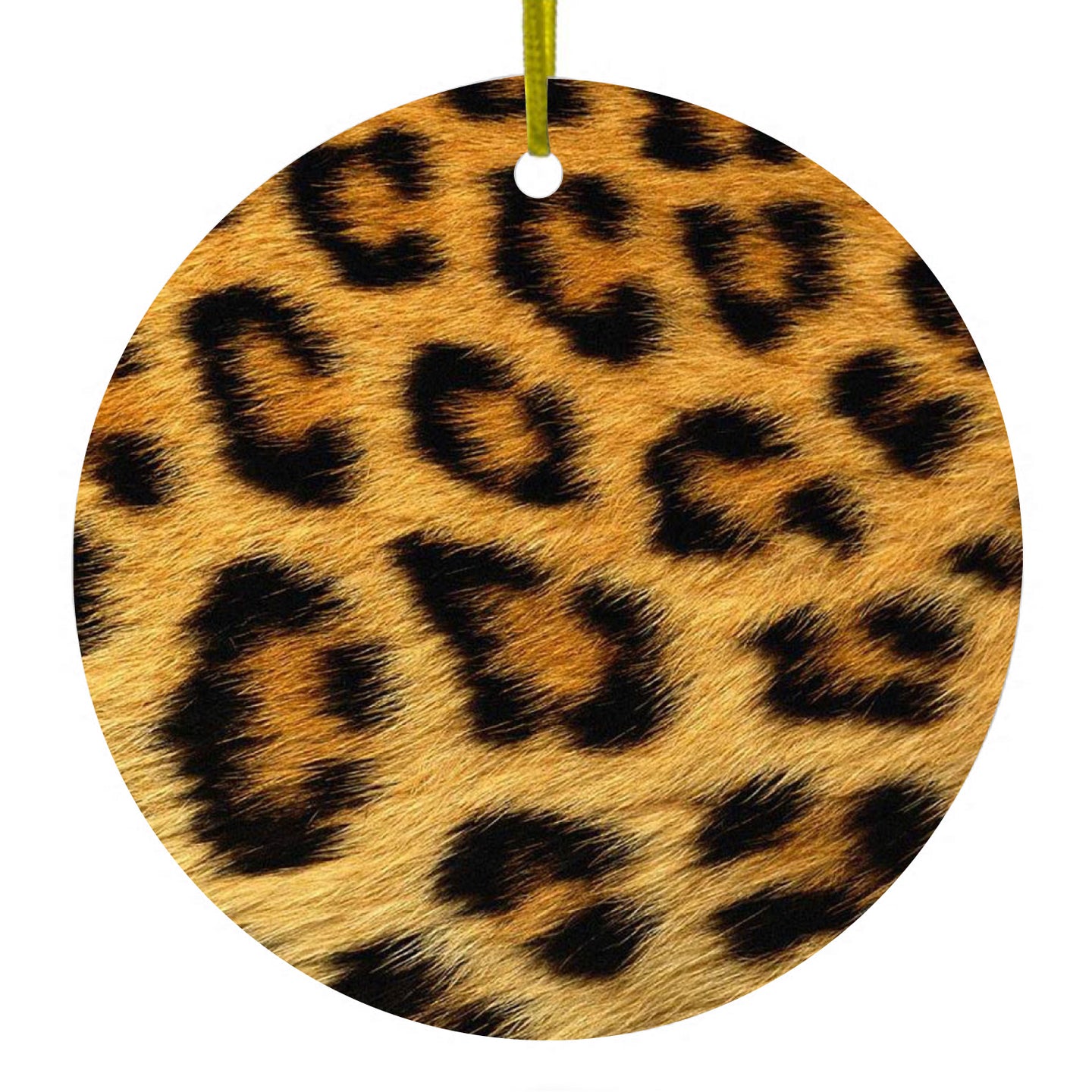 DistinctInk® Hanging Ceramic Christmas Tree Ornament with Gold String - Great Gift / Present - 2 3/4 inch Diameter - Brown Black Leopard Fur Skin Print