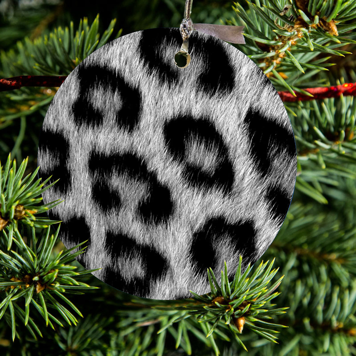 Black White Snow Leopard Fur Print Ceramic Ornament, view 2