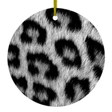 DistinctInk® Hanging Ceramic Christmas Tree Ornament with Gold String - Great Gift / Present - 2 3/4 inch Diameter - Black White Snow Leopard Fur  Print