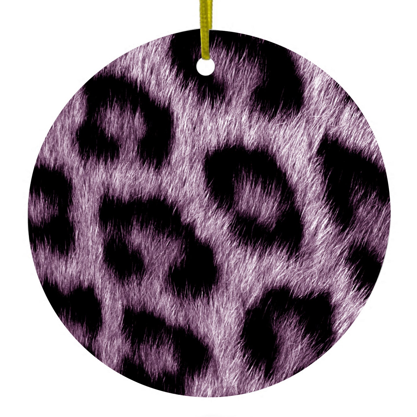 DistinctInk® Hanging Ceramic Christmas Tree Ornament with Gold String - Great Gift / Present - 2 3/4 inch Diameter - Purple Black Leopard Fur Skin Print