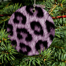 DistinctInk® Hanging Ceramic Christmas Tree Ornament with Gold String - Great Gift / Present - 2 3/4 inch Diameter - Purple Black Leopard Fur Skin Print